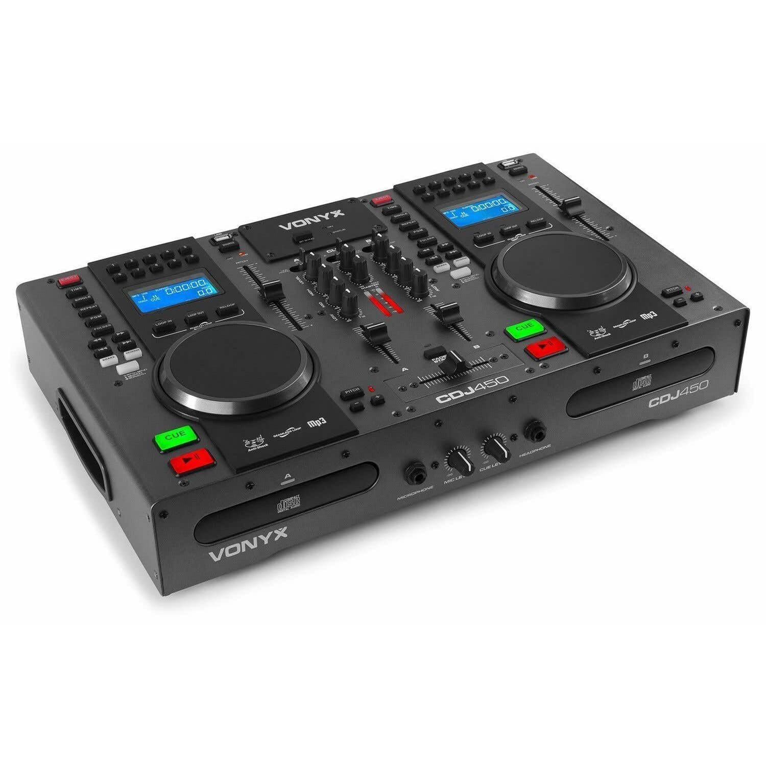 Vonyx CDJ450 - Double Lecteur CD/MP3/USB/Mixeur avec Bluetooth, 2 Canaux, Fonctionnalité Auto-Cue, Molettes Intégrées, Sorties Master et Record, Parfait pour DJ Amateurs ou Professionnels