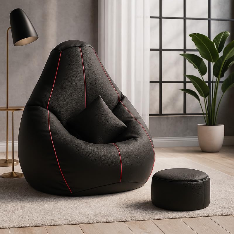 Image of Biggie Bean Bag Chair with Beans Filled 4XL The Evergreen Classics Bean Bag-with 3D Highlights-Styled for Elegance with Free Cushion & Footrest (Matching Color : 3D Piping Black Pink)