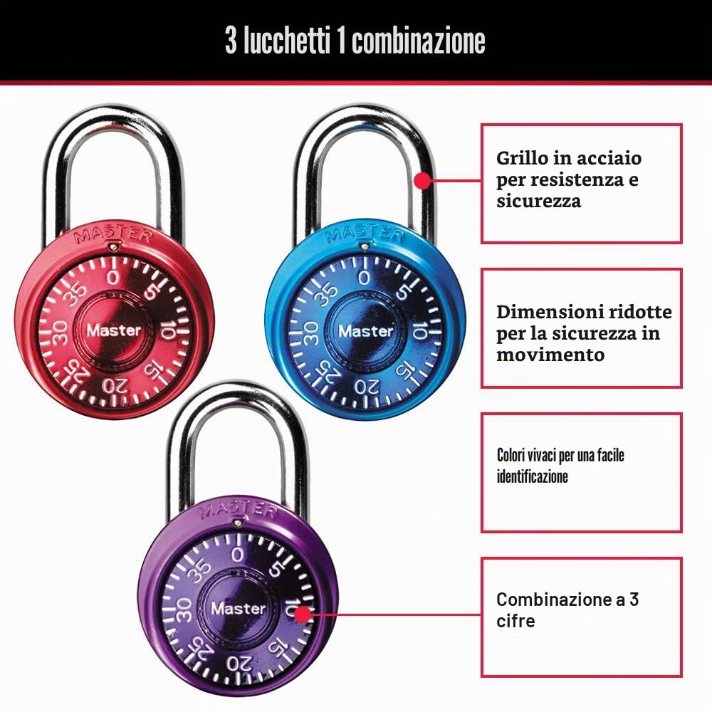 Master Lock 1533TRI - Lucchetto a combinazione per armadietti, colori assortiti, confezione da 3