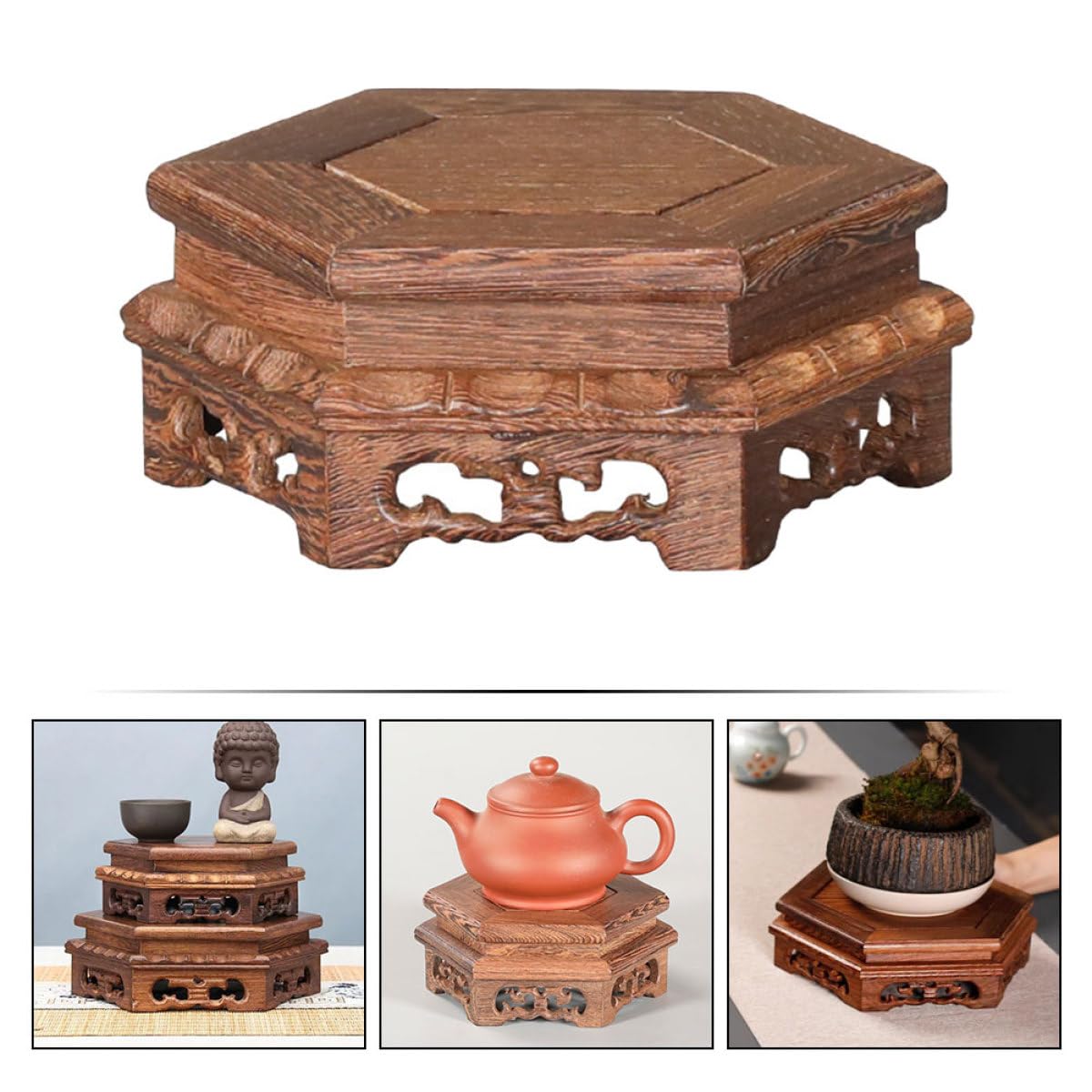 Base de Exhibición Estable y Decorativa de Madera Marrón Hexagonal Diseño Rústico para Tetera y Estatua Budista para Mesa y Oficina