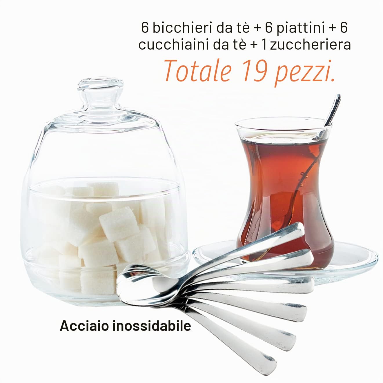 Set da tè tradizionale turco da 19 pezzi Include; 6 bicchieri tazze da tè (4,5 once), 6 piattini, 6 cucchiai in acciaio inossidabile e una zuccheriera con coperchio in vetro (8,6 once).