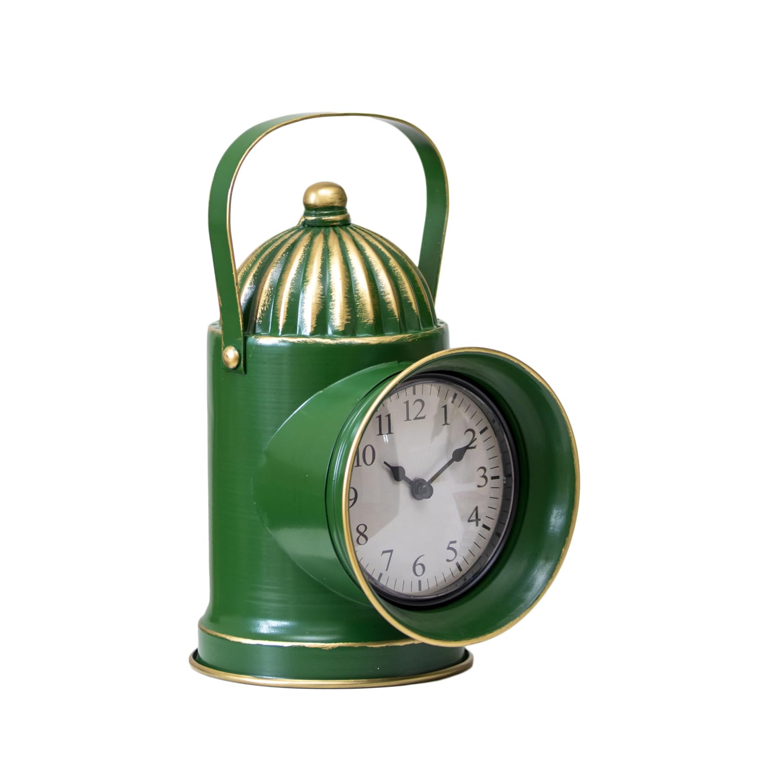 Darthome Green Railway Lamp Mantel Clock, Vintage Station Lantern Style, Metal, Battery Operated, Arabic Numeral Dial, Distressed Gold Finish, Freestanding Shelf Decor