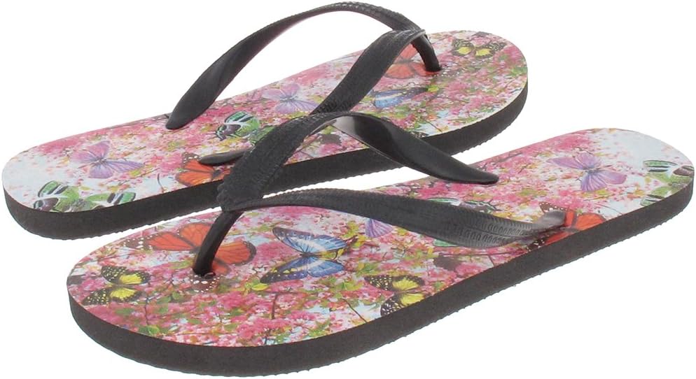 Capelli New York Textured Opaque Jelly Thong with Butterfly Garden Photo Ladies Flip Flops