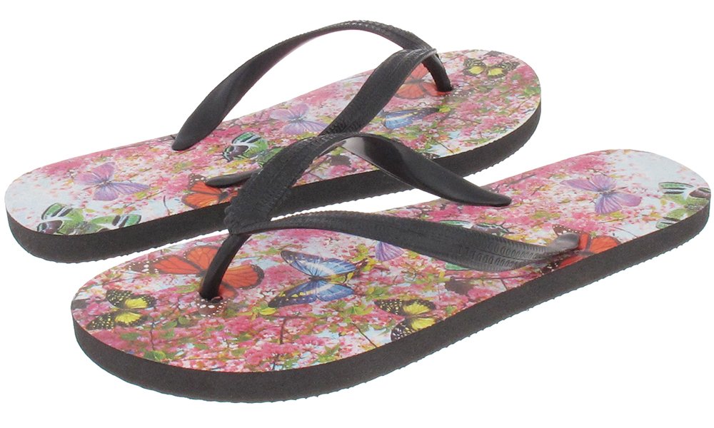 Capelli New York Textured Opaque Jelly Thong with Butterfly Garden Photo Ladies Flip Flops