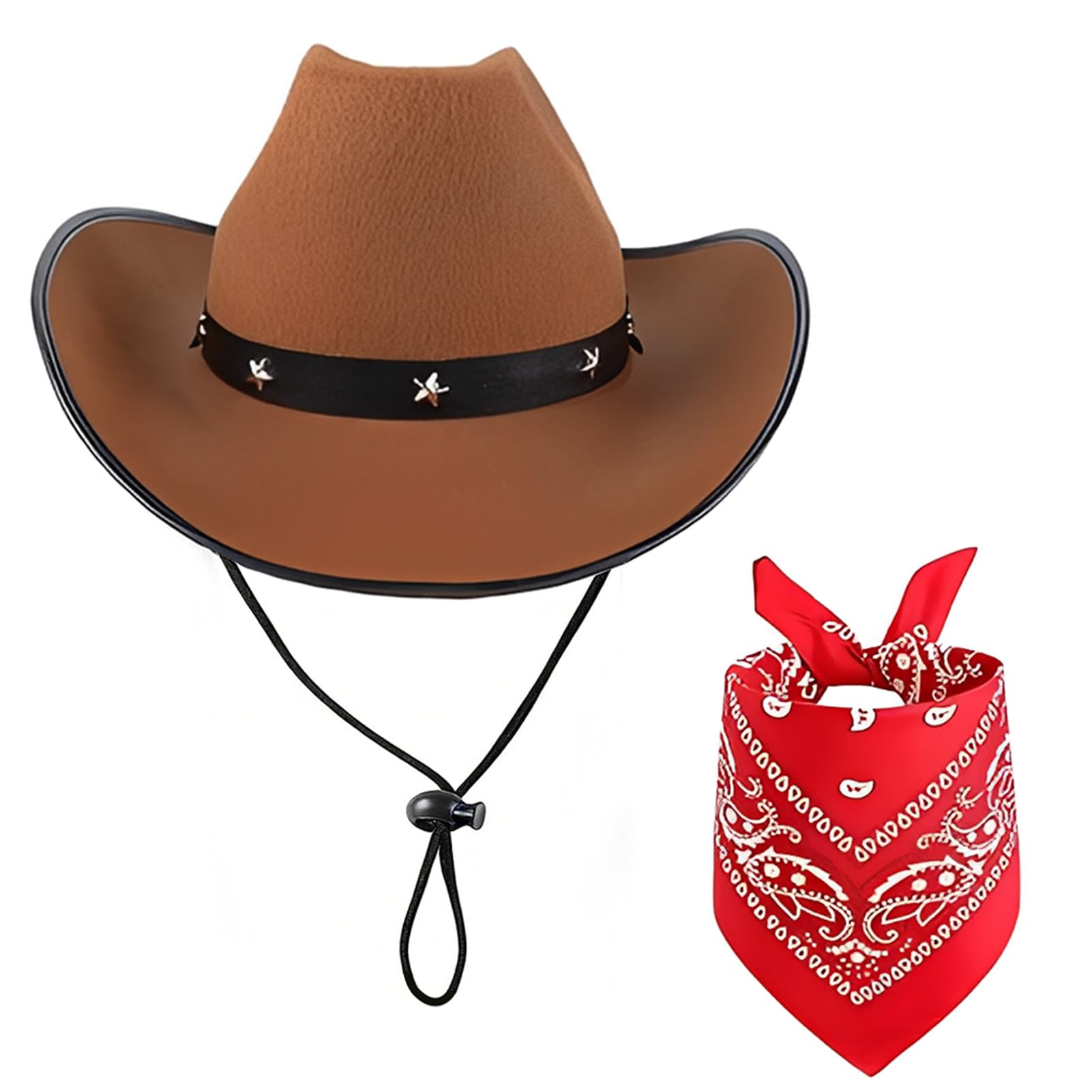 MYKAGS Cowboy Hats for Women and Men with Pull-On Closure, Cowboy Cowgirl Costume Accessories Set, Western Cowboy Hat with Bandanas for Party, Costume Party Perfect Cowboy for Adults (Red Coffee)