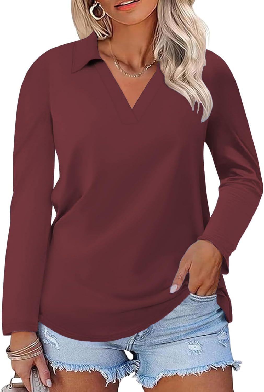 VISLILY Womens-Plus-Size-Tops Casual Collared V Neck Polo Shirts Flowy Long Sleeve Tunics Trendy Work Blouses XL-5XL