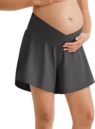 G4Free Chillwhisp Built in Brief Maternity Athletic Shorts with Inner Pockets Cross Waist Pregnancy Shorts