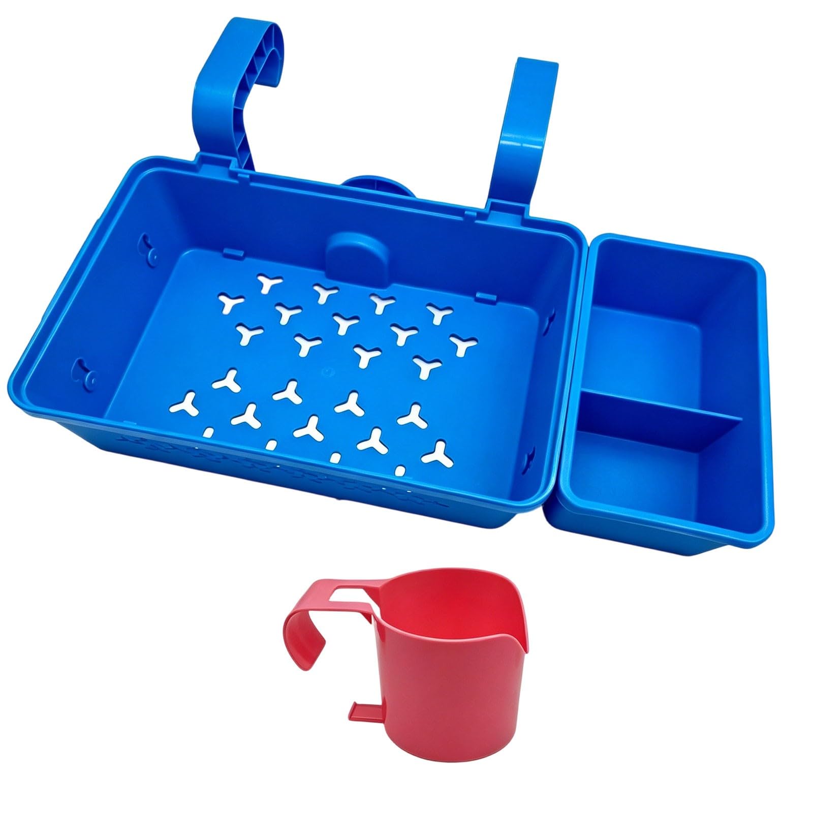 Poolside Storage Basket with Cup Holders & Hanging Hook Large Capacity Swimming Pool Accessories Organiser Hangable Basket Ideal for Deck Storage and Beverage Management (Blue+1Red)