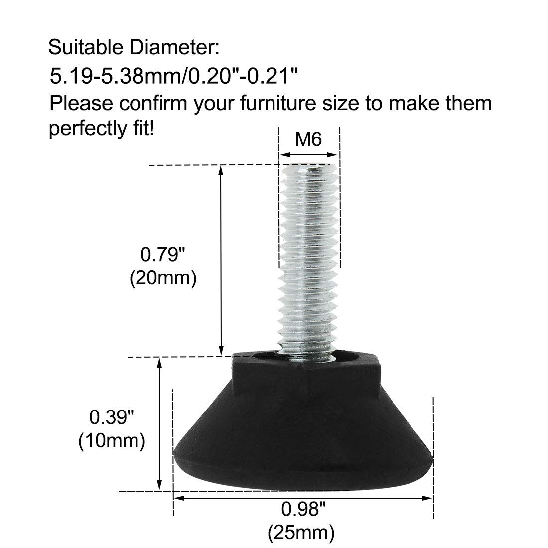 Sourcingmap M6 x 20 x 25mm Furniture Glide Leveling Feet Adjustable Leveler Floor Protector for Chair Sofa Table Leg 2 Pack - Image 2