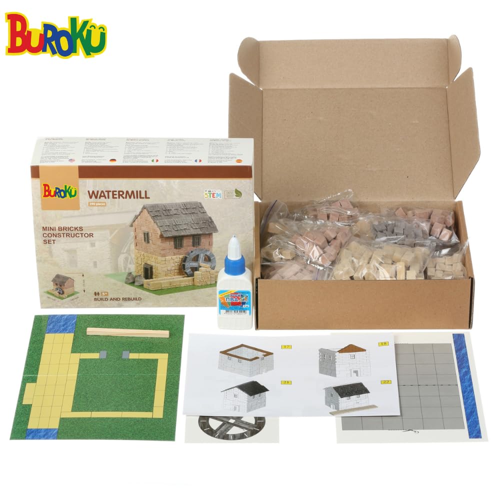 Buroku - Kit Construcción Medieval 390 Piezas | Molino de Agua Realista | Ladrillos de Piedra | Fomenta Aprendizaje STEM y Habilidades Motoras | Para Niños y Adultos | Incluye Pegamento