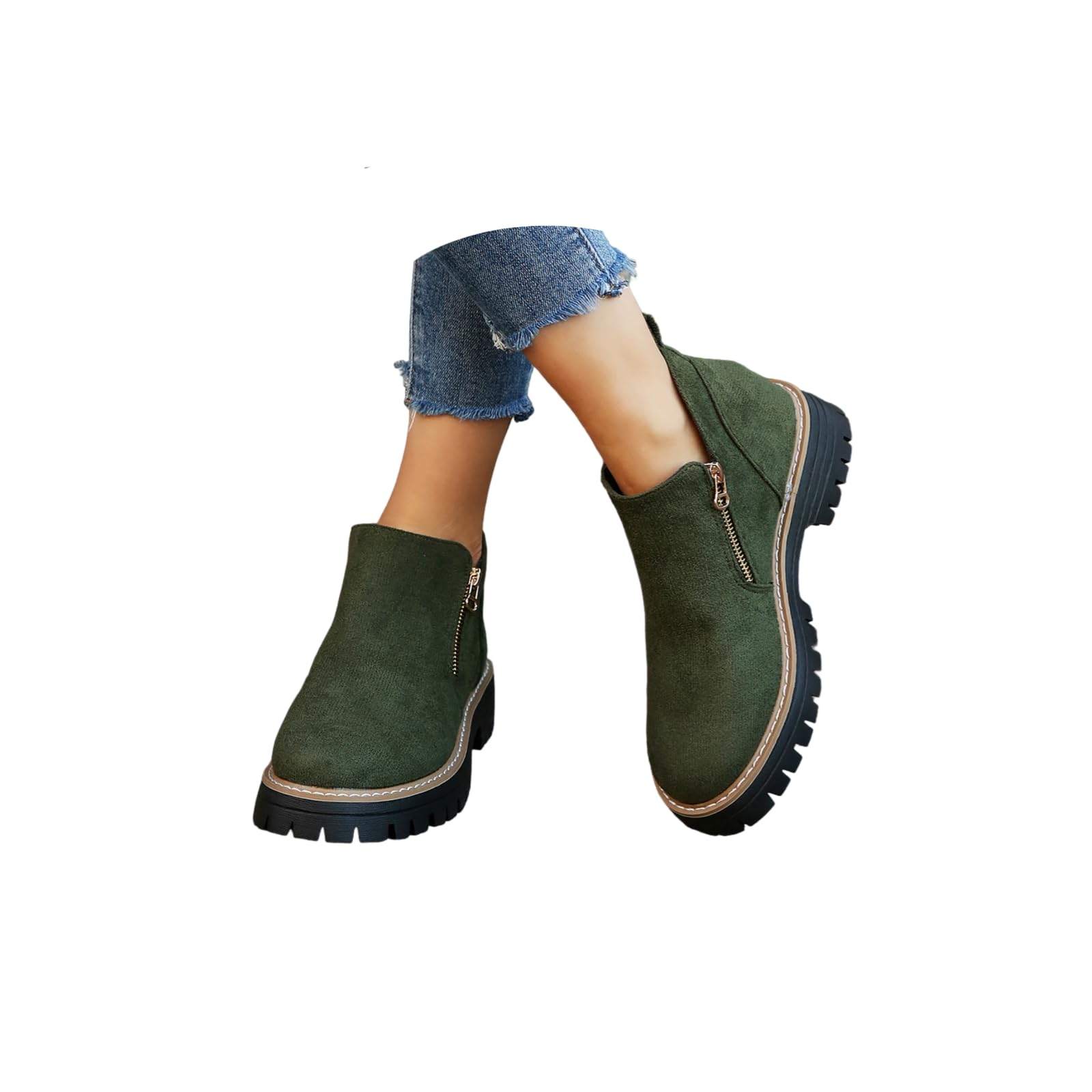Womens Chunky Heel Ankle Boots Platform Lug Sole Suede Short Booties with Side Zipper Winter Fall Dressy Shoes