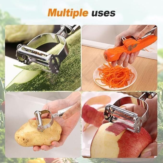 Image of Sunkuka 2-in-1 Stainless Steel Vegetable Peeler & Julienne Slicer with Cleaning Brush- Durable Julienne Cutter for Carrots & Zucchini Noodles - Multi-Functional Fruit & Veggie Shredder Peeler Tool