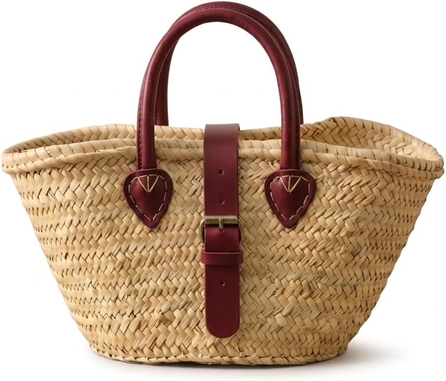 Handmade Moroccan Straw Tote Bag with Leather Handles, Woven Beach Basket Purse for Women, Boho Summer Handbag