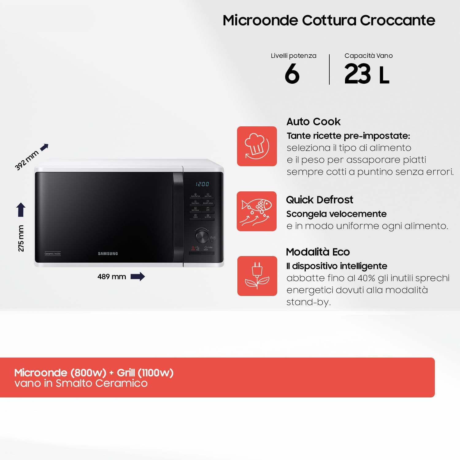 Samsung, Libera istallazione, Forno a Microonde Grill Advanced, MG2AK3515AW/ET, Cottura Croccante, Microonde + Grill 800 W + 1100 W, 23 L, 49l x 27,5h x 39p cm, Bianco
