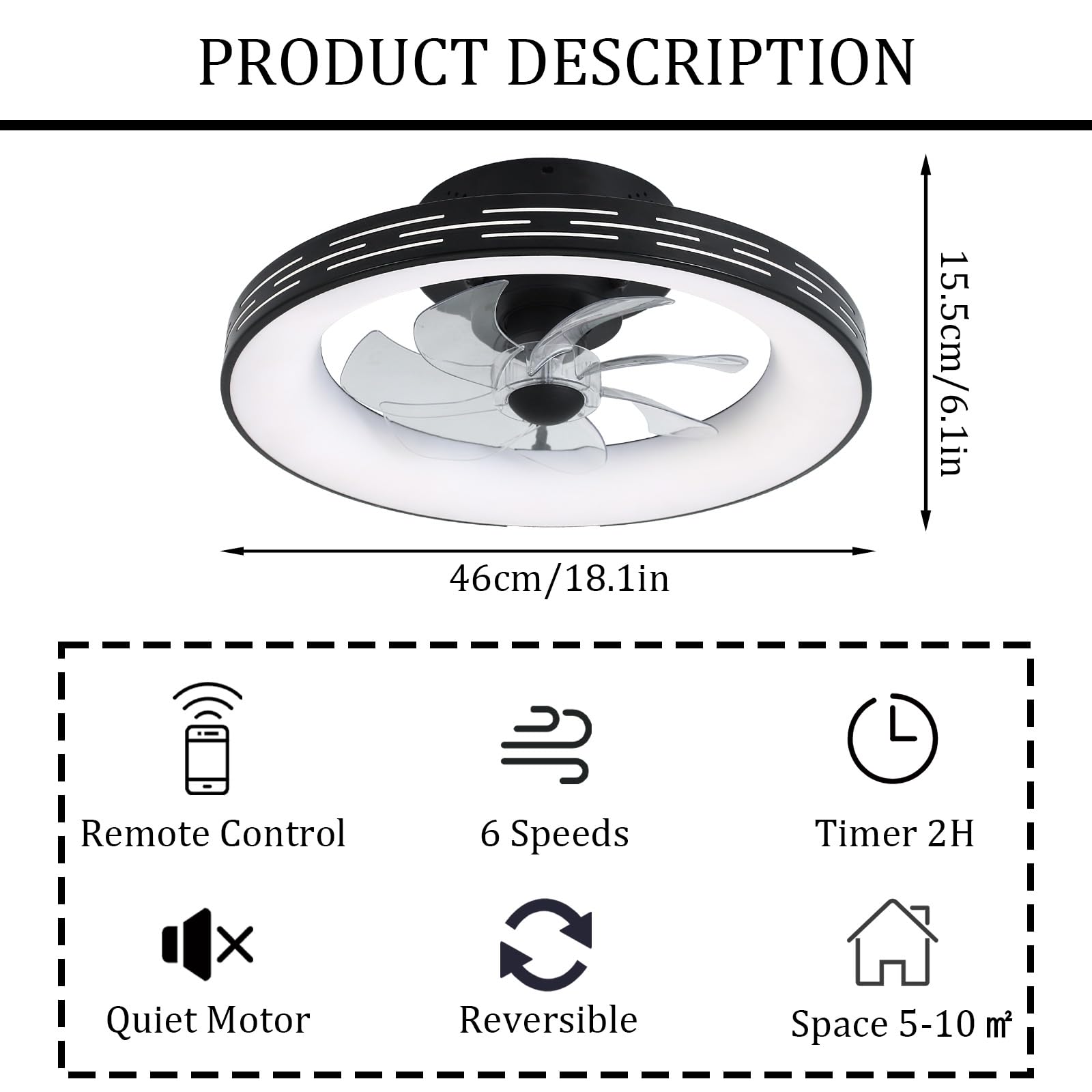 Sypialnia 18" Lampa Sufitowa Z Pilotem Wentylatora Ciche Wentylatory Sufitowe LED Ze Ściemniaczem Światła Odwracalna Nowoczesna Czarna Lampa Z Wentylatorem Smart 6 Biegów Do Salonu