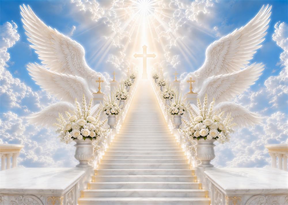 BELECO 3x2m Sfondo in tessuto Scale Verso Il Cielo Ali D Angelo | Luce Sacra Croce Scala verso Il Cielo Sfondo Celebrazione della Vita Striscia Accessori Fotografia Funebre Commemorativa