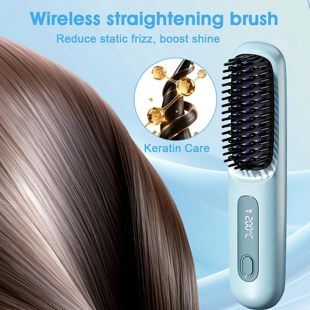 Glättbürste Kabellos, Stylingbürste für Kurze Haare Langes, kabellose Glättbürste Mit Led Anzeige Und 3 Wärmestufen, Haarglätter Bürste Kabellos für Reisen Täglichen Gebrauch