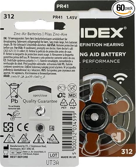 Widex hearing aid battery Size 312 (PR41) (10 Packet=60 Batteries)