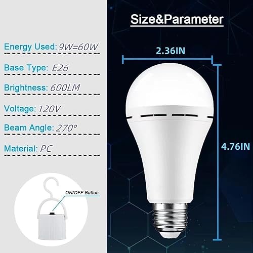 Miniatura 2 de Bombillas recargables de 9 W, funciona con pilas, 600 lúmenes, 3000 K, blanco cálido para cortes de energía, campamento, actividades al aire libre,