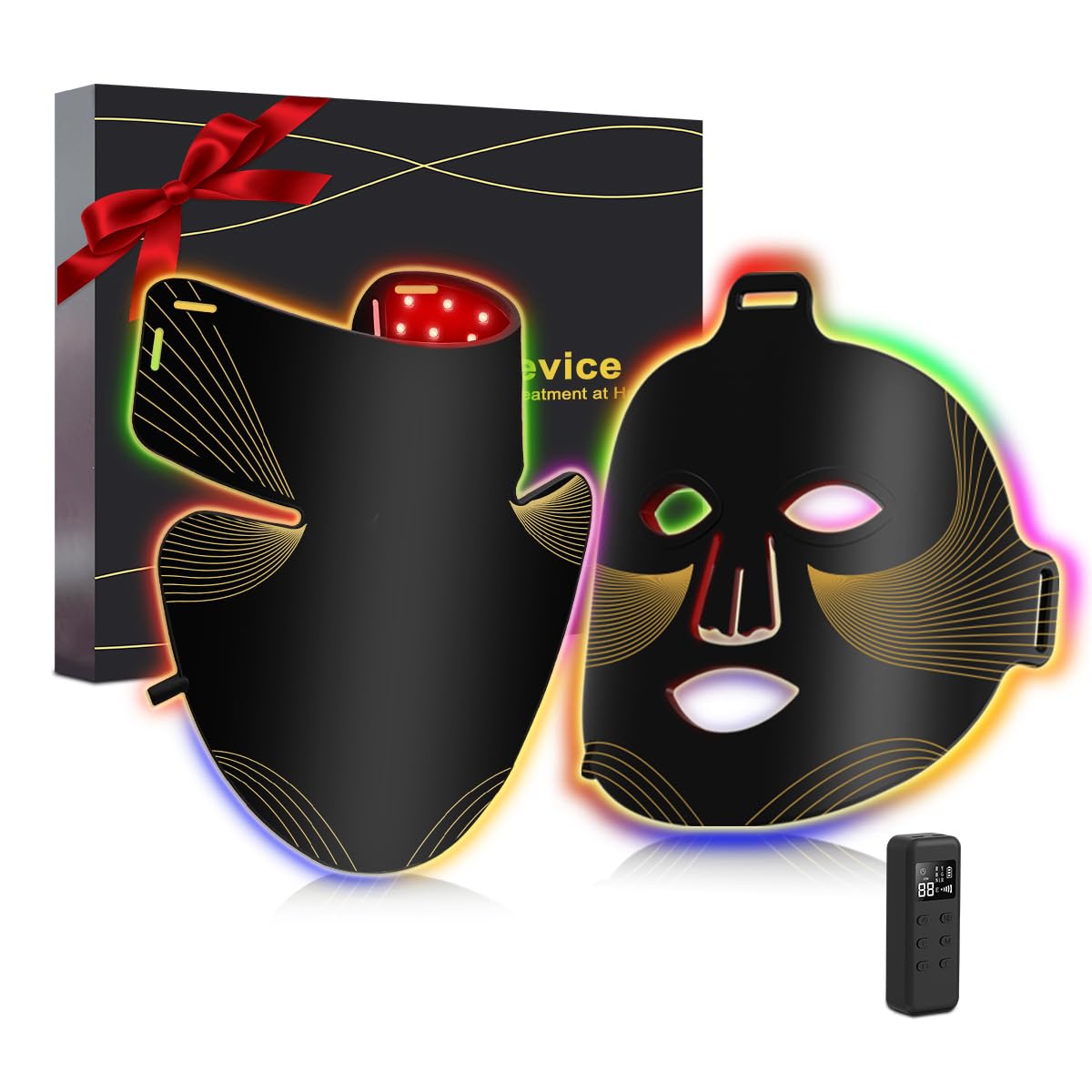 Masque LED pour Luminothérapie Visage et Cou, Masque à Lumière Rouge Infrarouge avec 180 Perles, 1440 Puces, Masque Led Visage Lumineux Réglable 470–850 nm（7 niveau), Flexible en Silicone