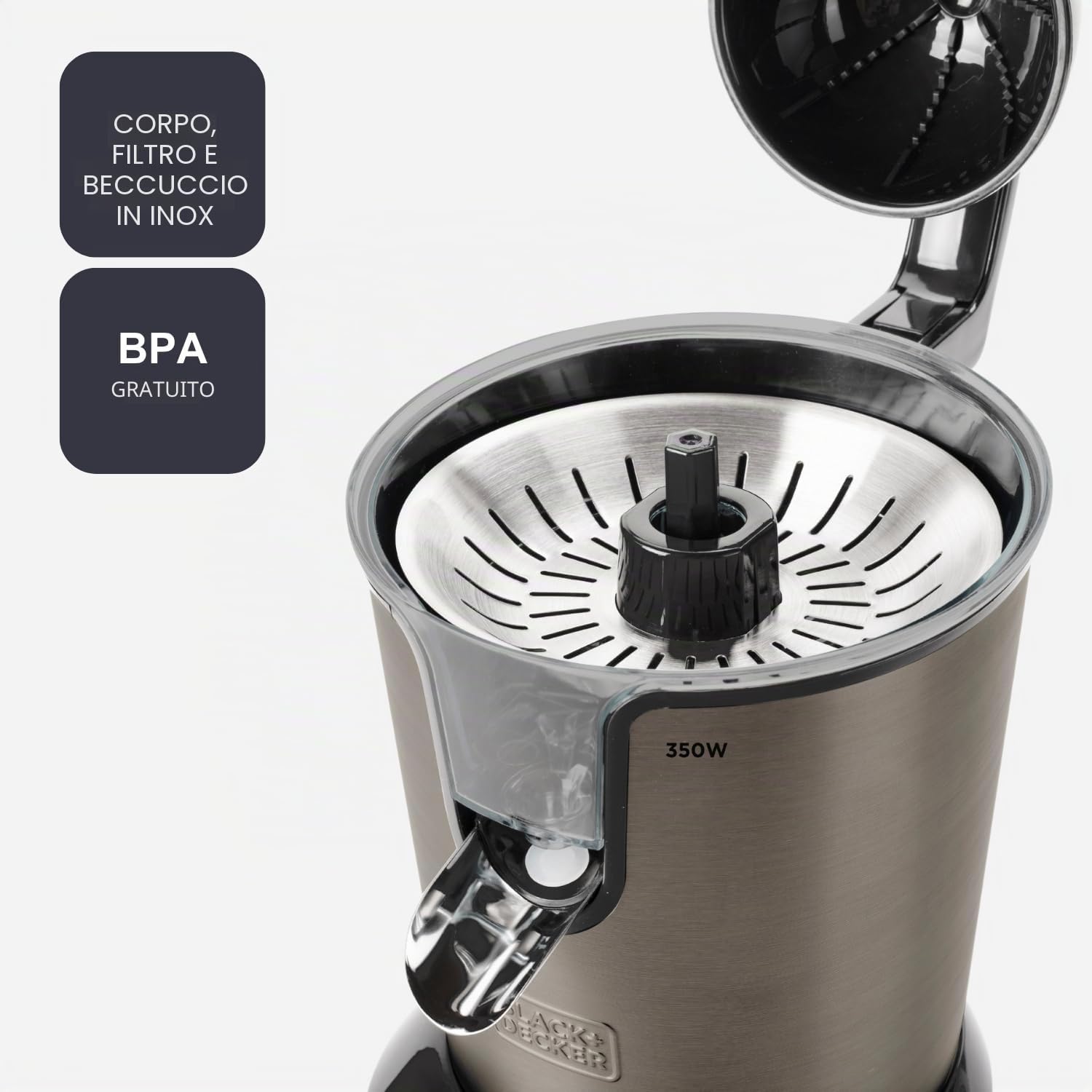 BLACK+DECKER - Spremiagrumi a Leva 350W | Motore AC Pro | 2 Coni | Serbatoio 0,65L o Erogazione Continua | Anti-Goccia | Filtro Polpa | Parti Lavabili | Senza BPA | Acciaio Inox
