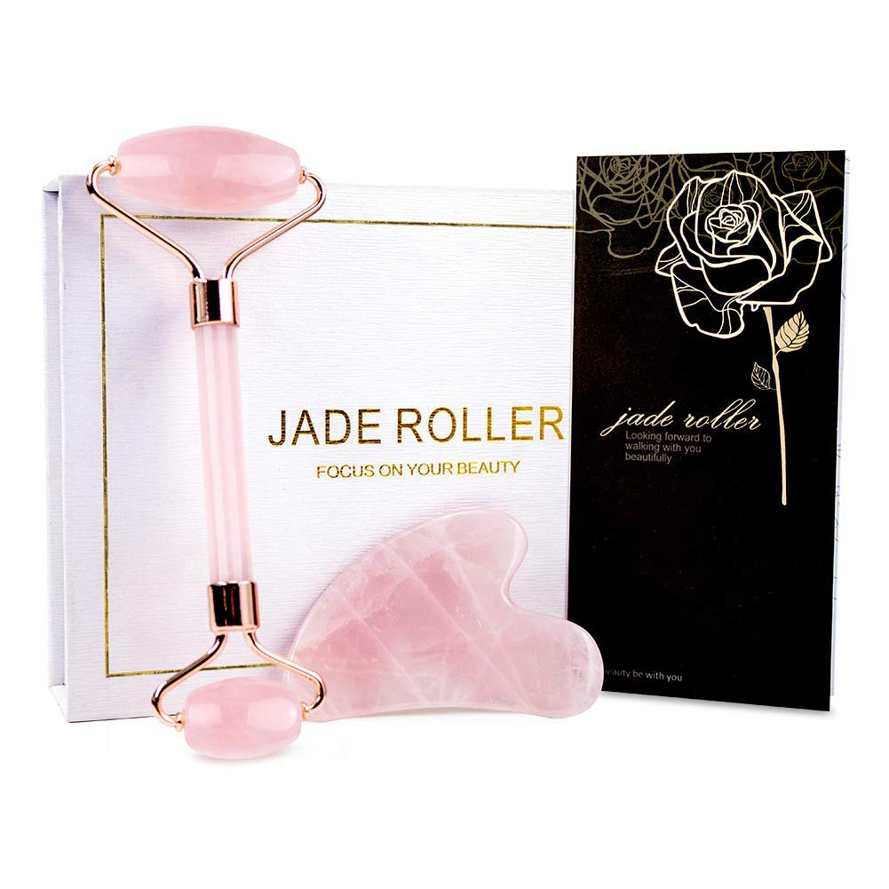 Jade Roller & Gua Sha, Face Roller, Facial Beauty Roller Skin Care Tools, BAIMEI Rose Quartz Massager for Face, Eyes, Neck, Body Muscle Relaxing and Relieve Fine Lines and Wrinkles