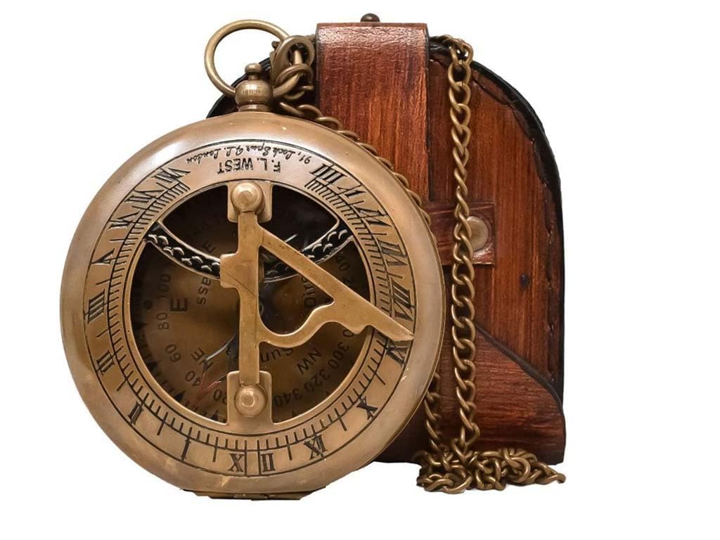 generic Sundial Compass with Leather Case and Chain - Push Open Mechanism Vintage Steampunk Accessory-picture-44