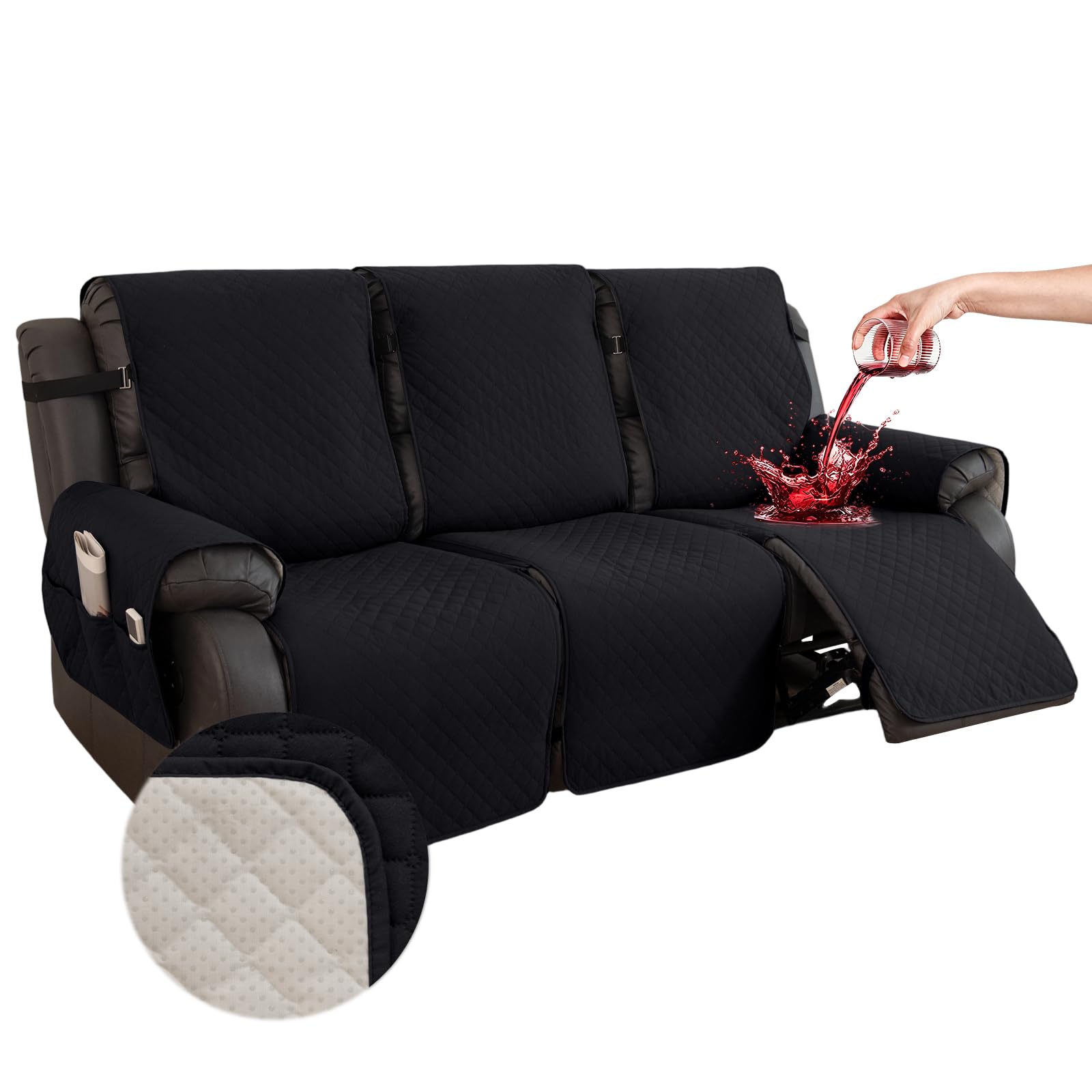 Hiiksolo Waterproof Recliner Chair Cover, Non-Slip Recliner Covers with Side Pockets, Washable Furniture Protector for Reclining Chair, Soft Velvet Slipcover for Pets Kids 3 Seater Black