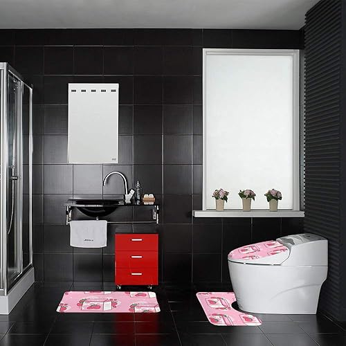 Miniatura 3 de Kuizee Juego de 3 alfombras de baño, cartón de leche de fresa, kawaii, anime, caricatura, rosa, tapete antideslizante en forma de U, tapa de inodoro