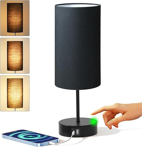 KPQ Lámpara de mesita de noche con control táctil, puertos de carga USB A+C y salida de CA, lámpara de mesita de noche regulable de 3 vías con