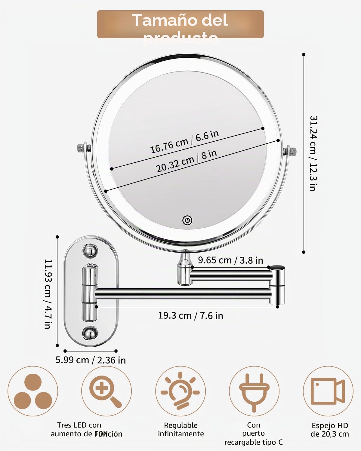jutyum Espejo de Aumento con iluminación LED, Espejo de Aumento, Espejo de tocador de Pared Giratorio de 360° para baño con iluminación 1X/10X, Aumento del Espejo con iluminación, 3 Luces de Color