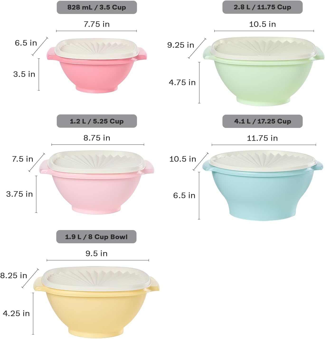 Tupperware Wonderlier Sonnenschüssel 2,8 Liter mit Deckel – Salatschüssel Frischhalteschüssel Rührschüssel luftdicht – Mintgrün mit weißem Deckel