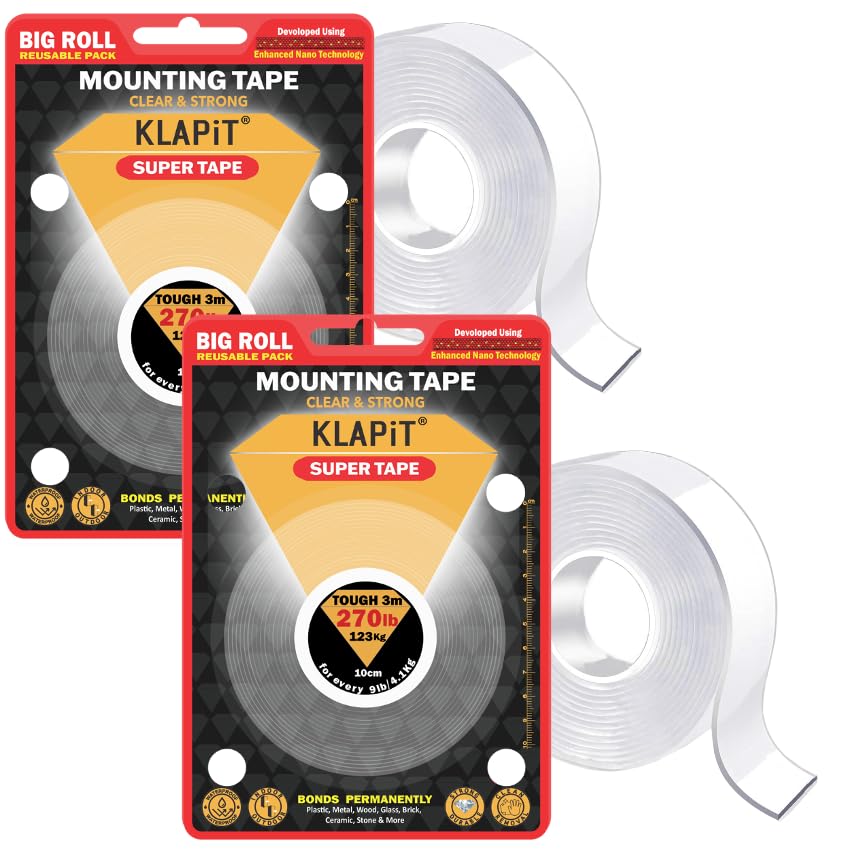 KLAPiT Super Tape – Clear Double Sided Heavy Duty Adhesive, Enhanced Nano Technology Waterproof Mounting for Indoor & Outdoor, Stone, Tiles, Wood,