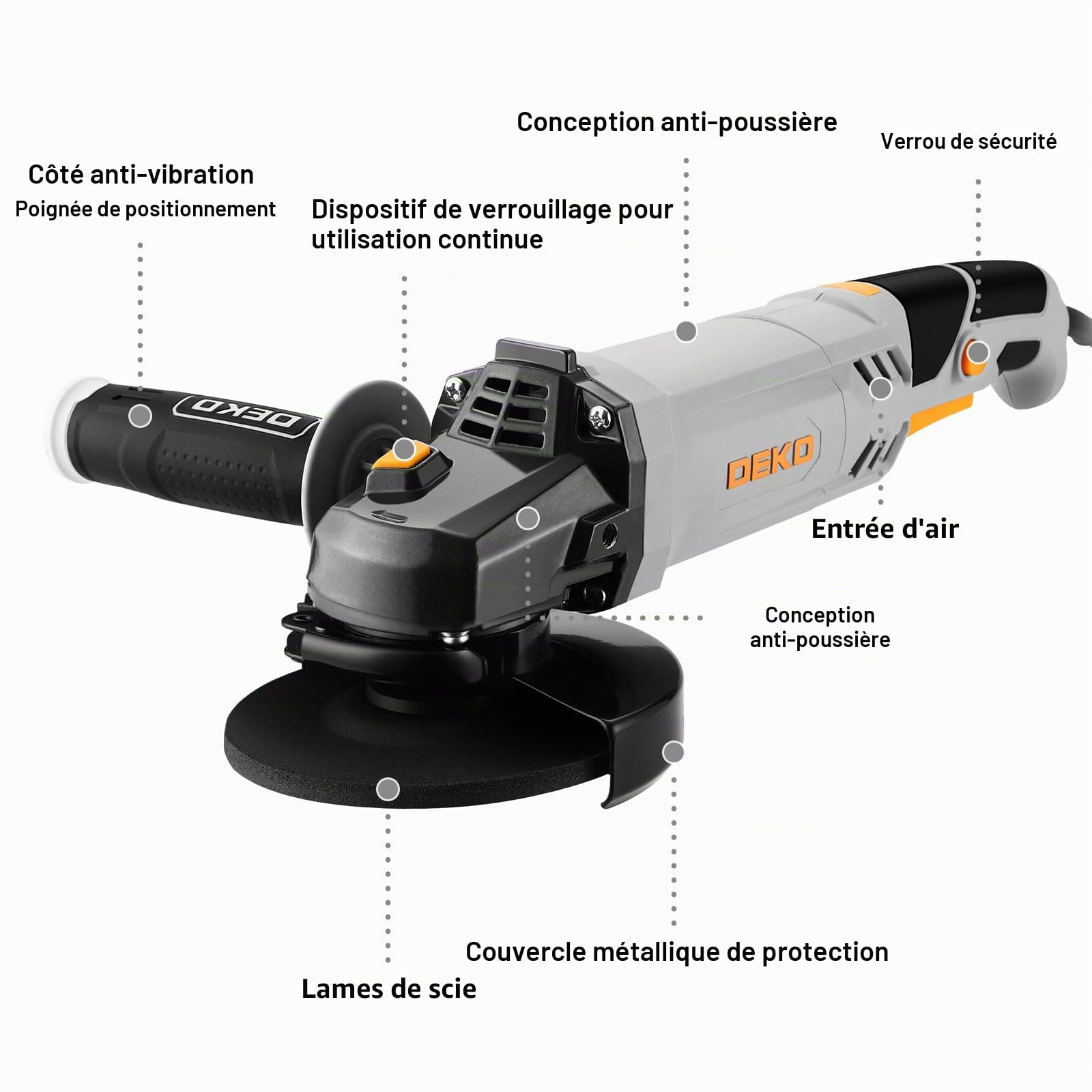 DEKOPRO Meuleuse d'Angle 900W: Ø 125mm Longues Poignées Meuleuse d'Angle Électrique avec Poignée Auxiliaire, Capot de Protection, Écrou de Serrage, Clé à Ergots, pour Meulage, Tronçonnage