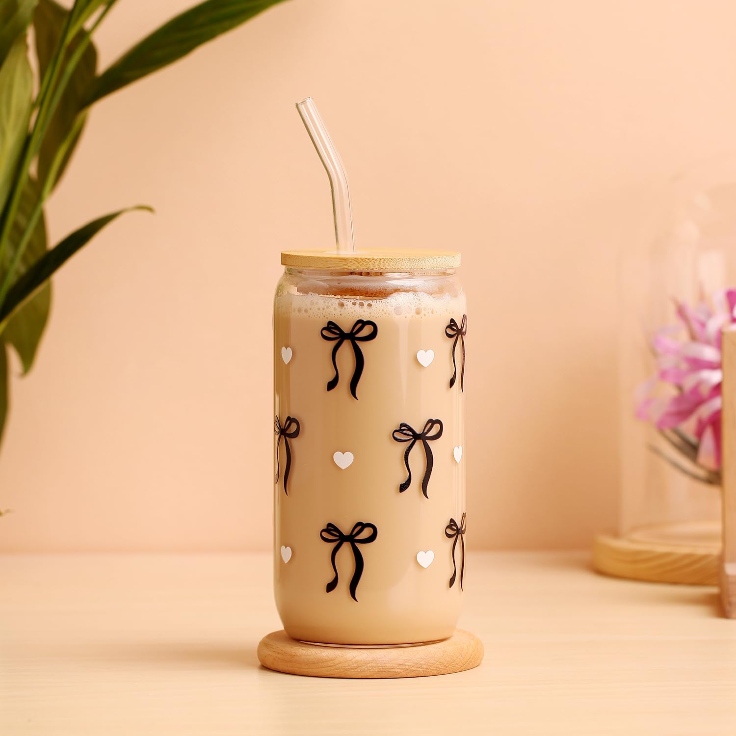 LANGASQUE Coquette Bow Aesthetic Cup With Gift Box 16oz Glass Cup with Lids Straws and Black Bow Iced Coffee Smoothie Cute Tumbler with Cleaning Brush for Girls Bestfriend Sister Girlfriend: Black