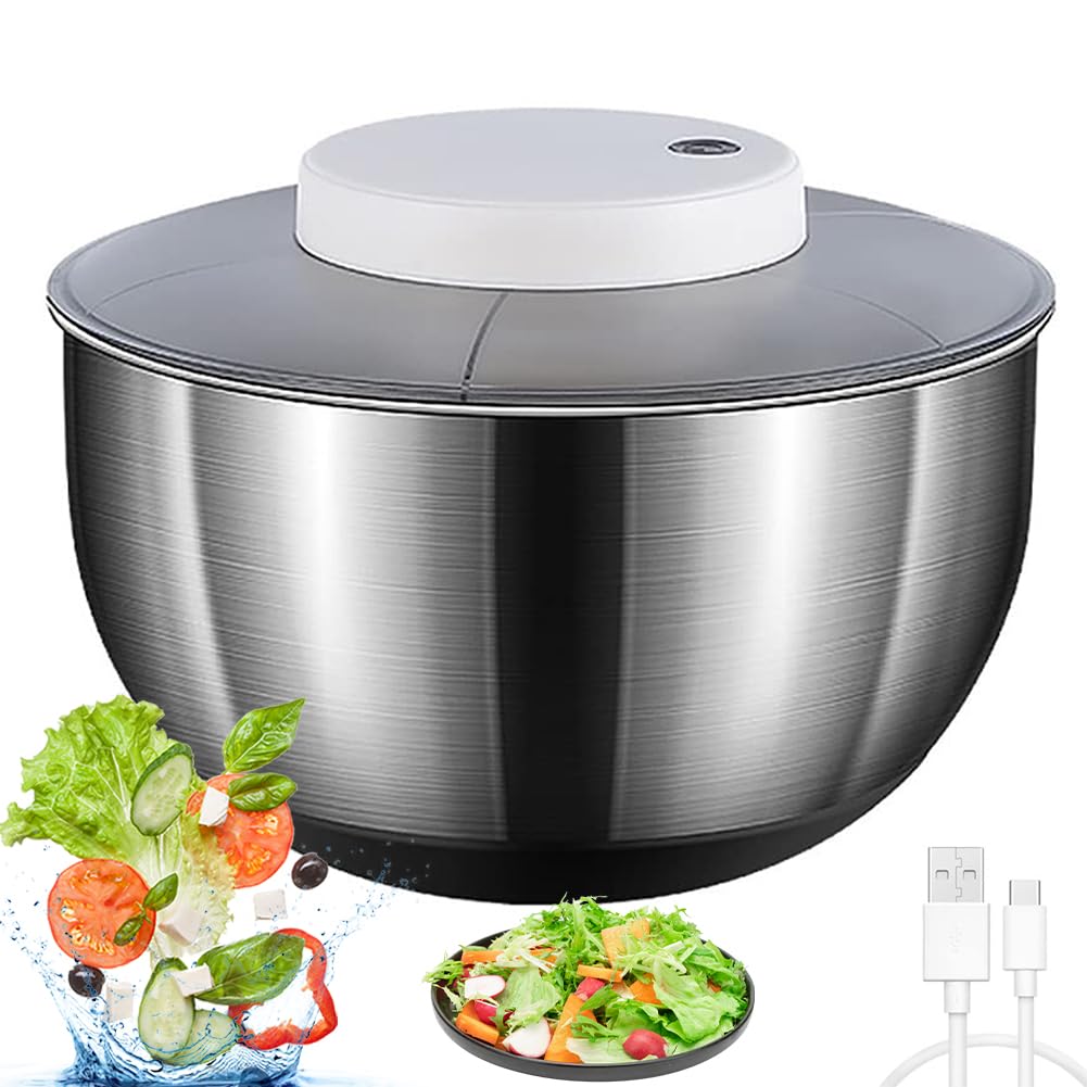 Rotatore elettrico per insalata, ricaricabile tramite USB, 4,8 l, in acciaio inox, per frutta e verdura, per verdure fresche