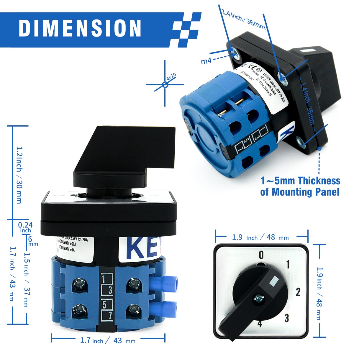 Keymoo 20A Rotary Changeover Switch, 660V 5 Position 8