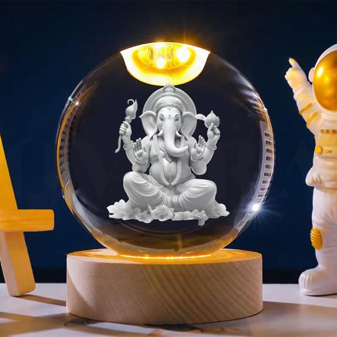 Overa 3D Lord Ganesh Ji Crystal Ball Night Lamp – USB Colorful LED Table Decor with Wooden Base for Home, Office, Bedroom (Ganesha)-image-18