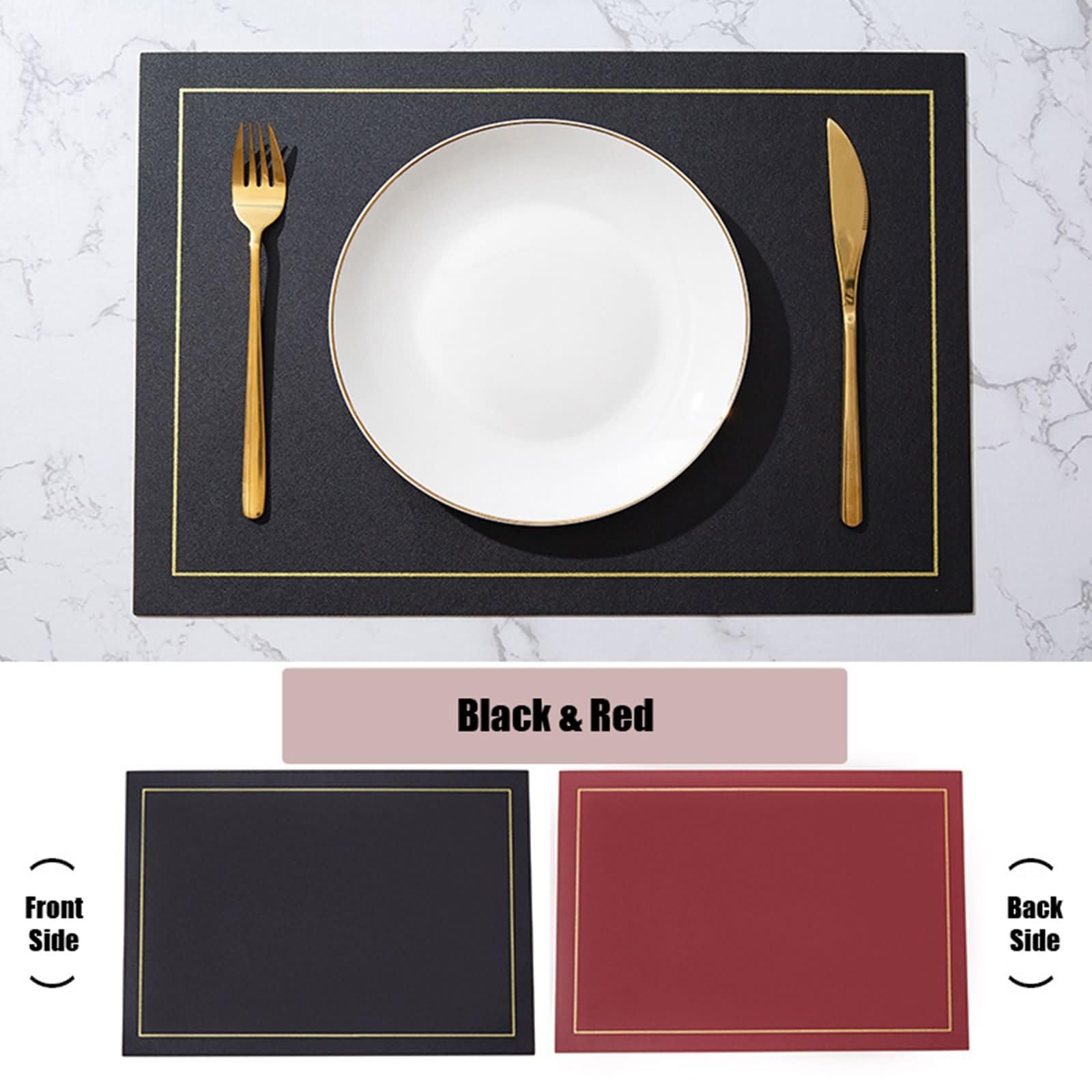 Tischsets 4 Stück Abwaschbar rutschfest, 30 x 43 cm Schwarz Rot Tisch Platzset Waschbar Leder, Einfarbig mit Rechteck