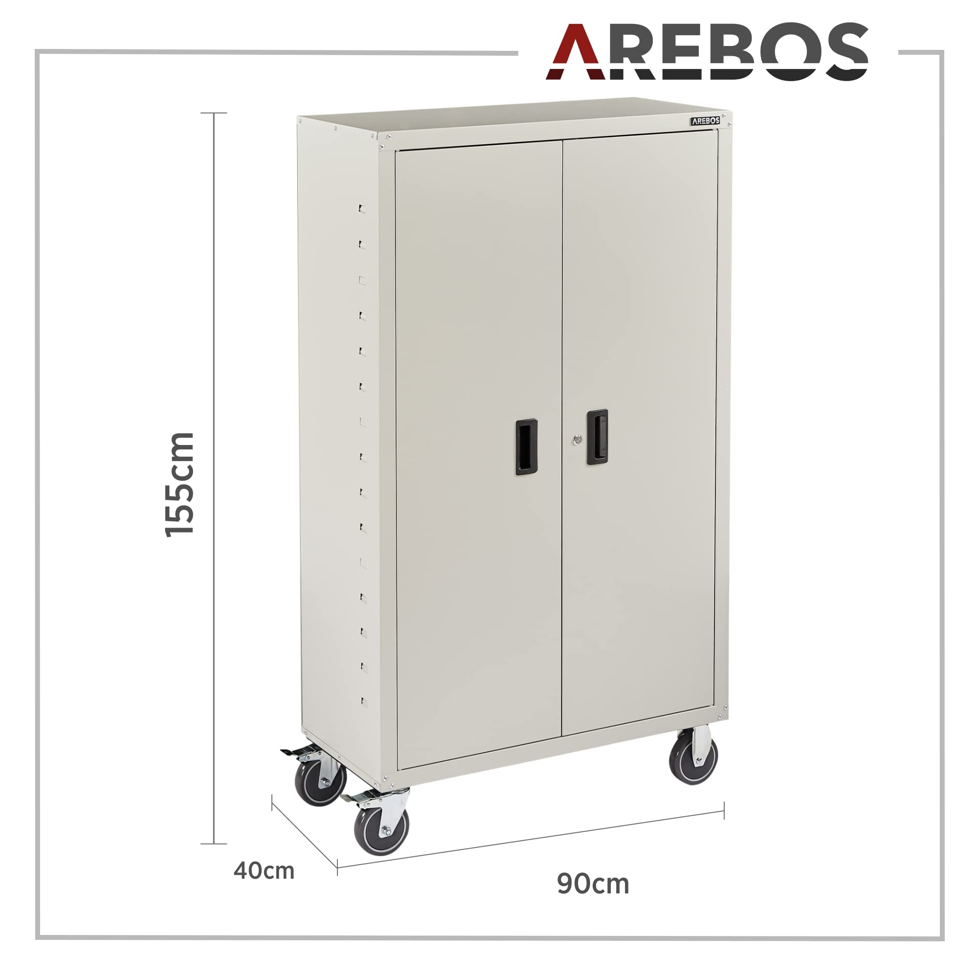 Arebos Aktenschrank | Büroschrank | inkl. 4 Rollen-Set | 155 x 90 x 40 | 2 Türen | mit 3 Höhenverstellbaren Einlegeböden | mit Zylinderschloss | Grau
