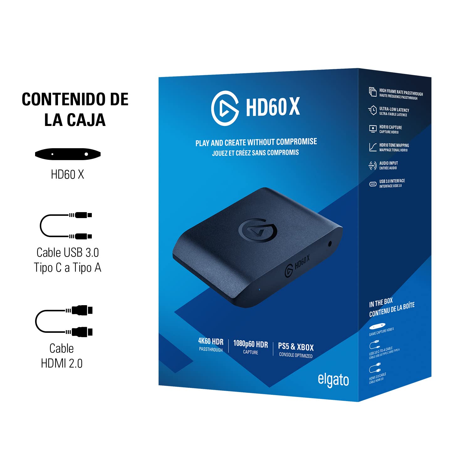 Elgato HD60 X - Haz streaming y graba a 1080p60 HDR10 o 4K30 con latencia ultrabaja en PS5|Pro, PS4|Pro, Xbox Series X|S, Xbox One X|S, Nintendo Switch 2, en OBS y otros, funciona con PC y Mac