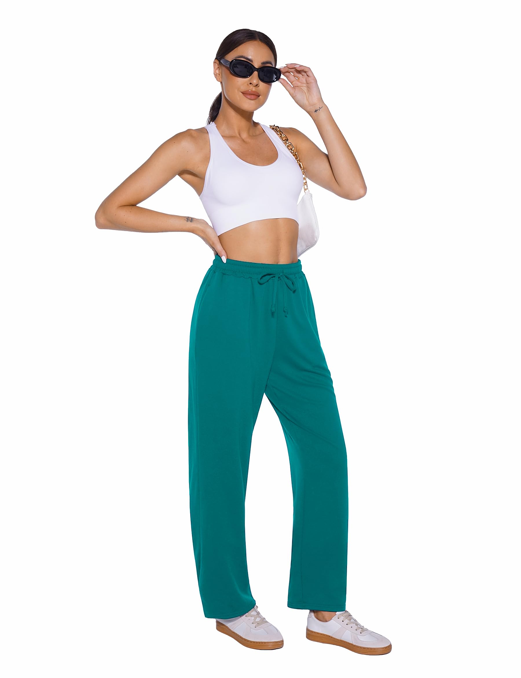Demegimi Pantaloni Sportivi Donna a Vita Alta con Tasche Pantaloni della Tuta Donna in Cotone a Gamba Larga Pantaloni Jogger Leggeri con Coulisse per Jogging Fitness Sport Yoga