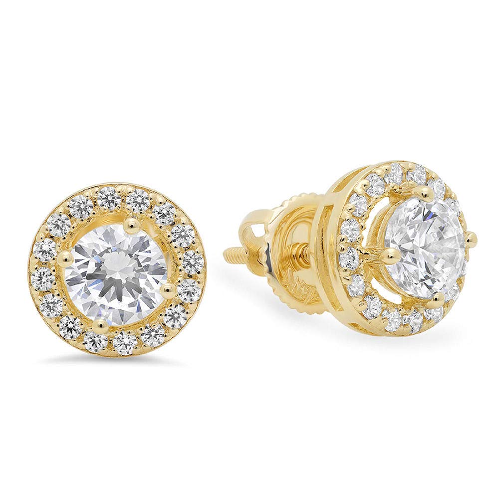 Clara Pucci1.3 ct Brilliant Round Cut Halo Studs Conflict free Natural Diamond Clarity VS1-VS2 Color G-H 18K Yellow Gold Earrings Screw back and Crystal side stones