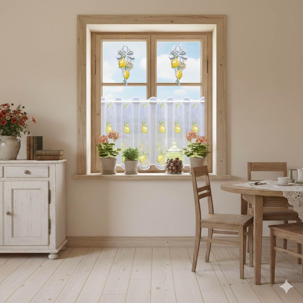 Scheibengardine Zitronen bestickt | Echte Vogtländische Spitze Landhaus Küchengardine & Bistrogardine | Kurzgardine sommerliche-fruchtige Fensterdeko Kurzstore Allzeit-Deko H x B 55 x 107 cm