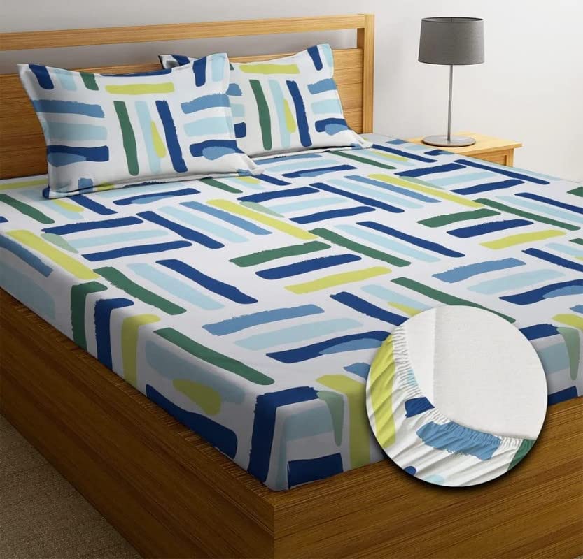 Image of NHD HOME Premium Cotton Feel Polycotton Elastic Fitted King Size Double Bedsheets with 2 Pillow Covers | All Around Elastic 210 TC Super Soft | Size - 72 King Size x 78+10 inches | Blue & White