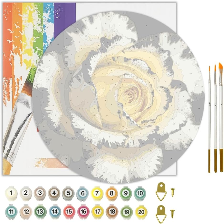 Botanical Beauty Paint by Numbers Kit for Adults on Wood Board – DIY Cream Yellow and Black Rose Wood Craft Painting Kit, 12 in Round, Acrylic Paint Set, Beginner-Friendly, Relaxing Home Decor Gift