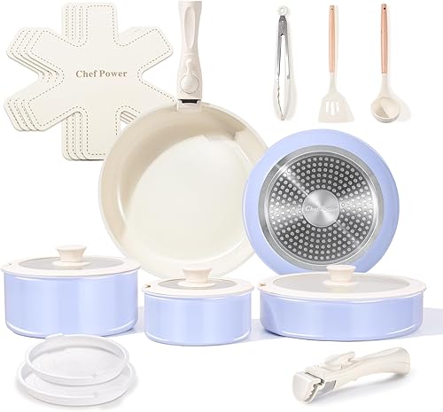 Chef Power Juego de utensilios de cocina de cerámica, juego de 19 ollas y sartenes antiadherentes con mango desmontable, juego de utensilios de