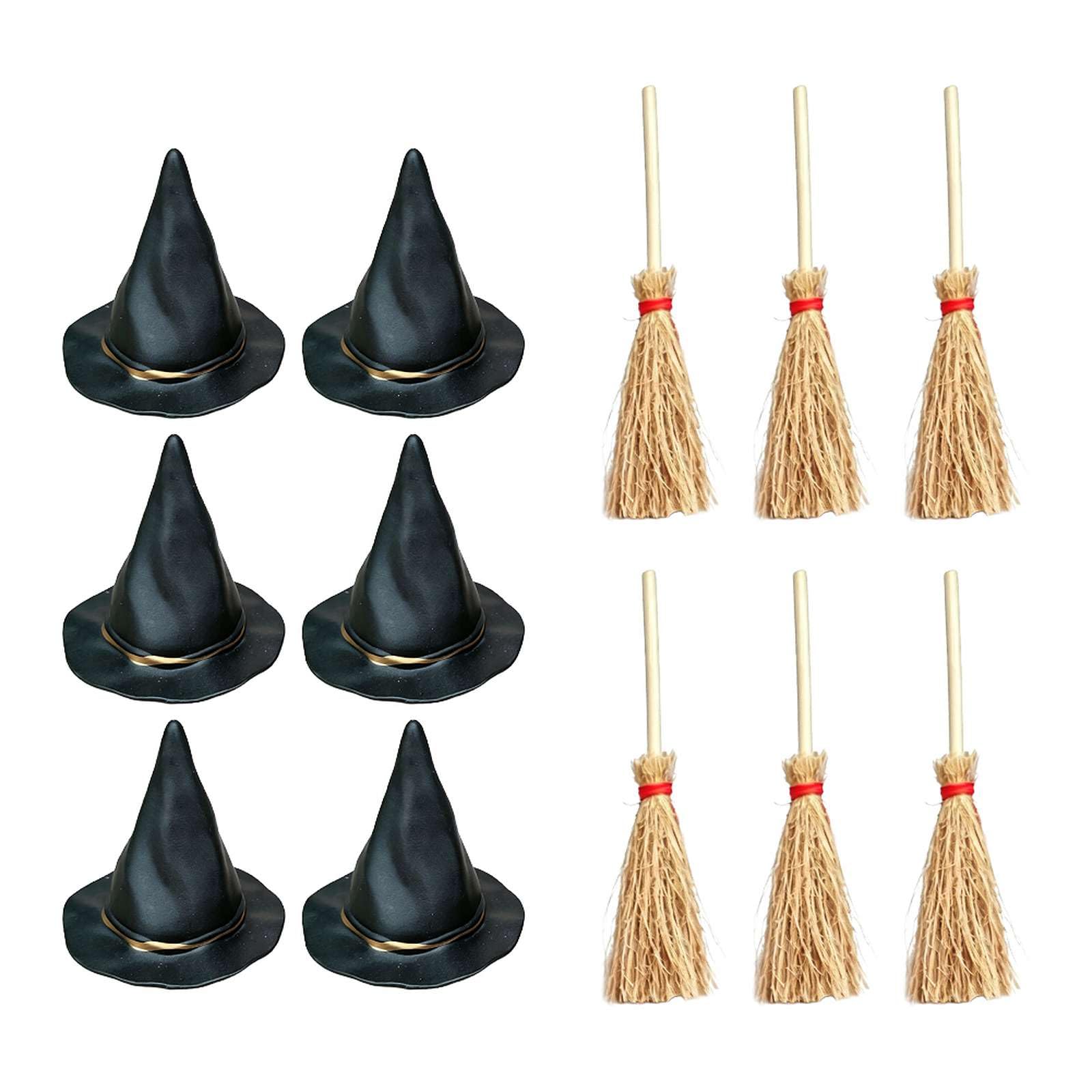 12Pcs Mini Witch Hats and Brooms Cake Toppers,Plastic Wizard Hat for DIY Crafts Bottle Toppers Halloween Party Supplies