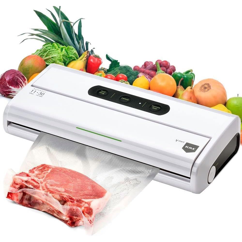 ELMA Envasadora al Vacío Doméstica V Start, Máquina al Vacío de Alimentos | Tamaño Compacto, Envasadora Automática con Barra de Sellado de 30cm | Blanco, 34 x 15 x 7cm, 175W | Incluye Bolsas al Vacío