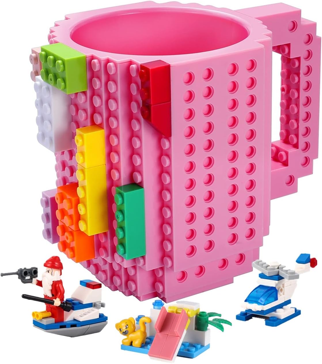 POXIWIN Build-on Brick Coffee Mug,Creative DIY Building Blocks Cup with 3 Packs of Blocks randomly,Novelty Gifts for Kids Men Women Birthday Xmas,Pink